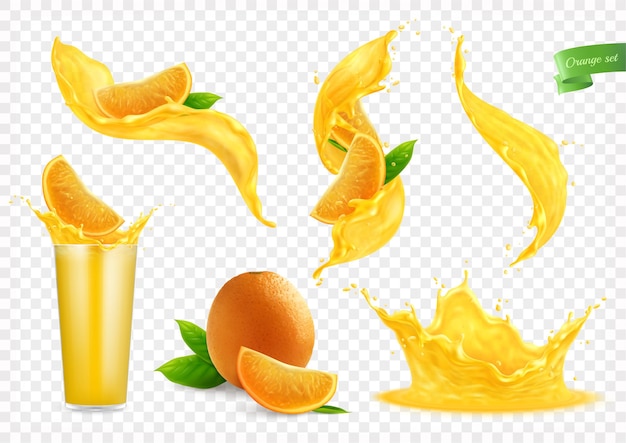 Vector orange juice splashes collection with isolated images of liquid flows drops whole fruit slices and glass