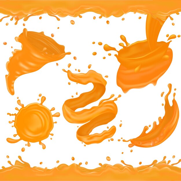 Vector orange juice splashes of different shapes realistic set against white background vector illustration