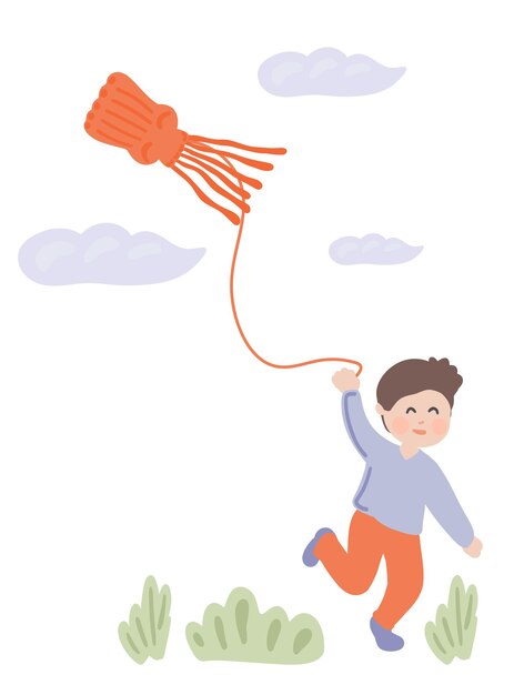 Orange kite in the sky and flat design running boy