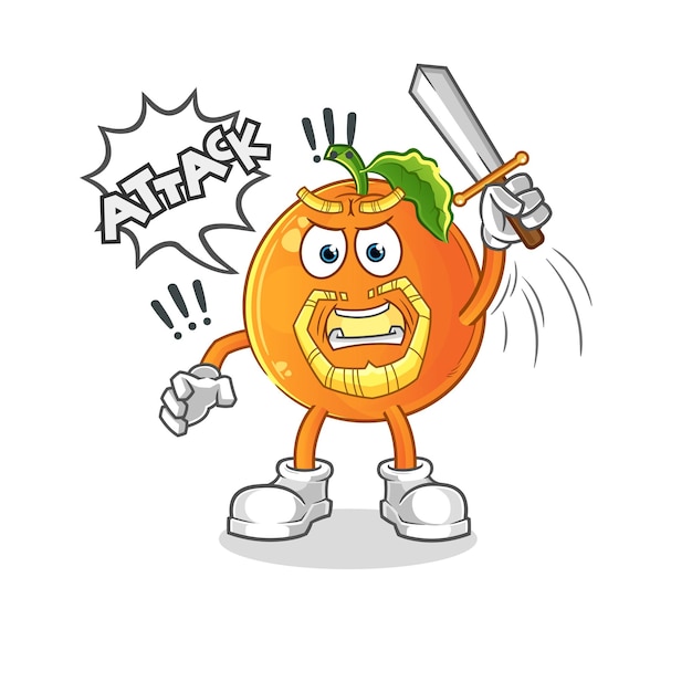 Orange knights attack with sword. cartoon mascot vector