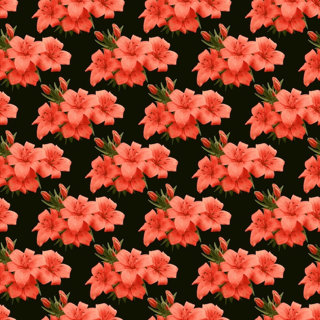 Orange lily flower &amp; buds bouquet on the BlackBackground Seamless Pattern Design