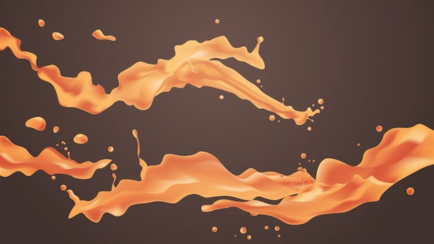 Il liquido arancione spruzza le gocce realistiche e spruzza sull'orizzontale marrone di concetto di spruzzatura del succo di frutta del fondo