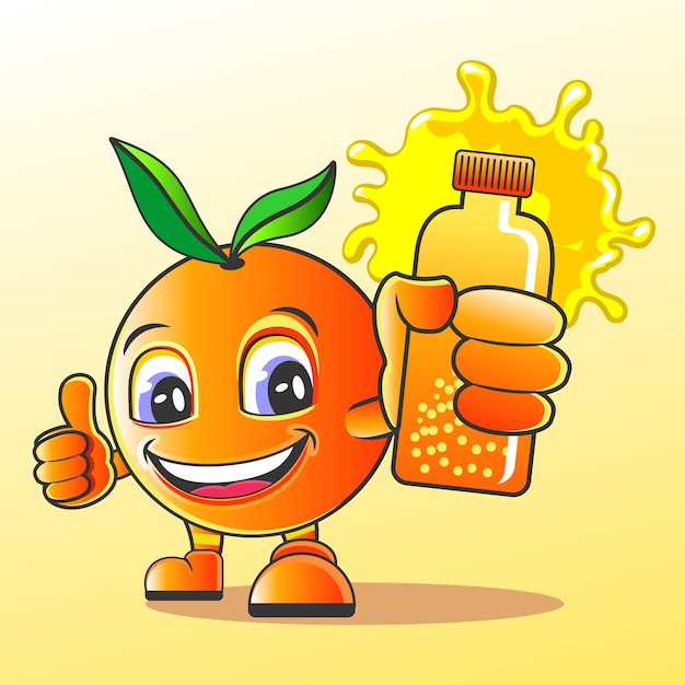 Orange mascot holding orange juice bottle