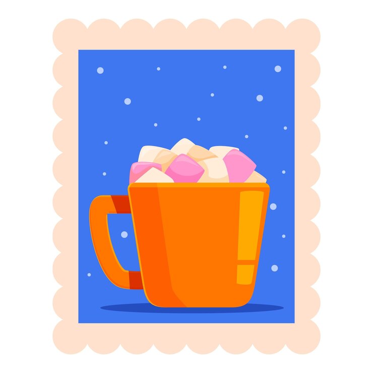 Vector orange mug full of marshmallows with snowing background representing christmas time