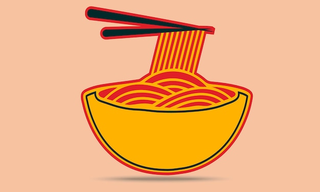 Vettore ciotola di tagliatelle arancioni con l'illustrazione del logo delle bacchette, icona di vettore del fumetto della ciotola di noodle di cibo asiatico