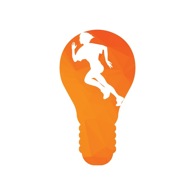 Orange and orange graphic of a woman running through a light bulb