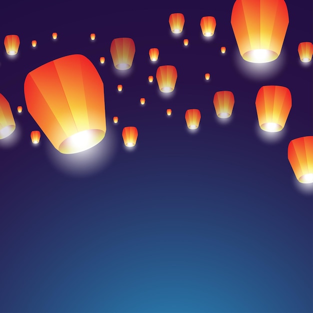 Vector orange paper lanterns floating at night in starry sky vector illustration