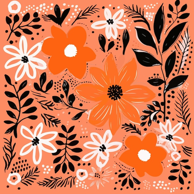 An orange pattern on fabric with pink flowers and leaves