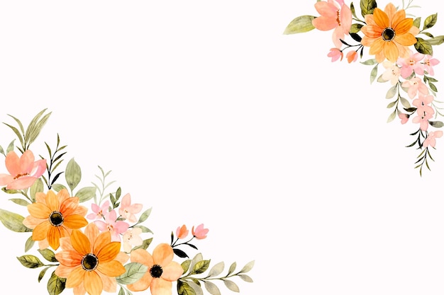 Orange pink flower frame background with watercolor