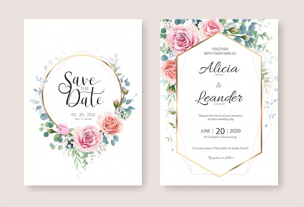 Orange and pink rose flower wedding Invitation card Design template.