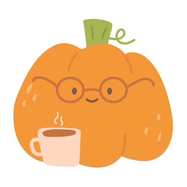 Orange pumpkin with glasses and cup of beverage