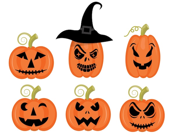 Vector orange pumpkin with smile and witch hat for your design for the holiday halloween