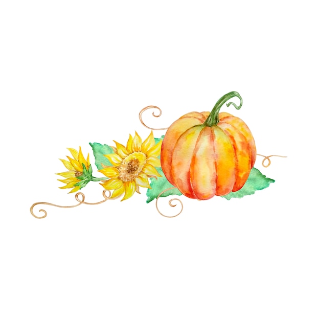 Orange pumpkin with sunflowers