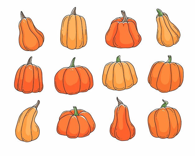 Оранжевые тыквы мультфильм каракули набор контурные милые векторные иллюстрации, изолированные на фоне