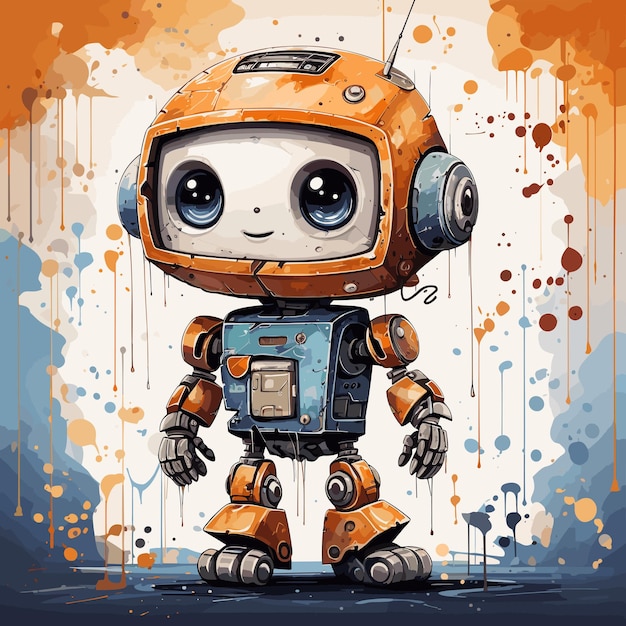 Orange robot with big eyes standing in front of blue and orange background