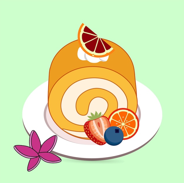 Vector orange roll cake, with white cream and fruits