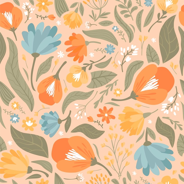 Orange seamless pattern of meadow flowers and leaves Modern vector illustration