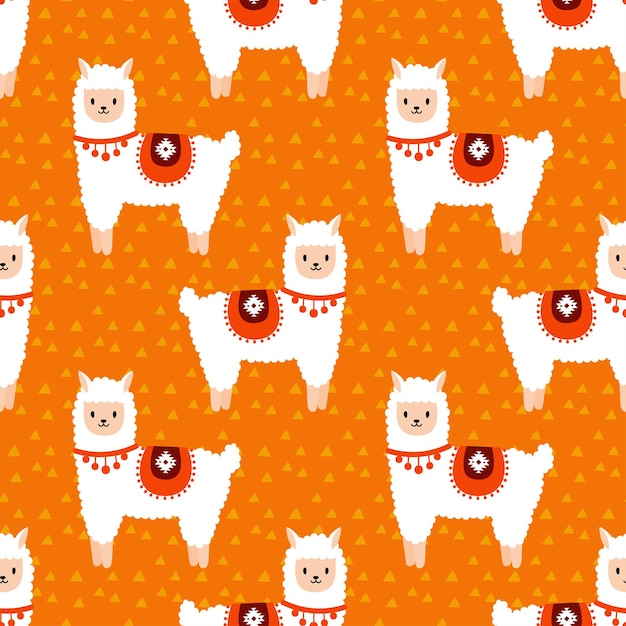 Vector orange seamless pattern with cute alpacas cute and childish design for fabric textile wallpaper