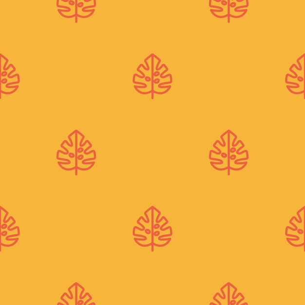 Orange seamless pattern with red monstera leaves