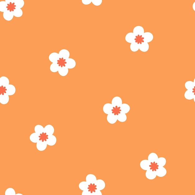 Orange seamless pattern with white cherry flowers