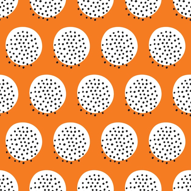 Vettore motivo arancione senza cuciture con cerchi bianchi e punti neri