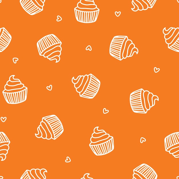 Vector orange seamless pattern with white cupcakes and hearts