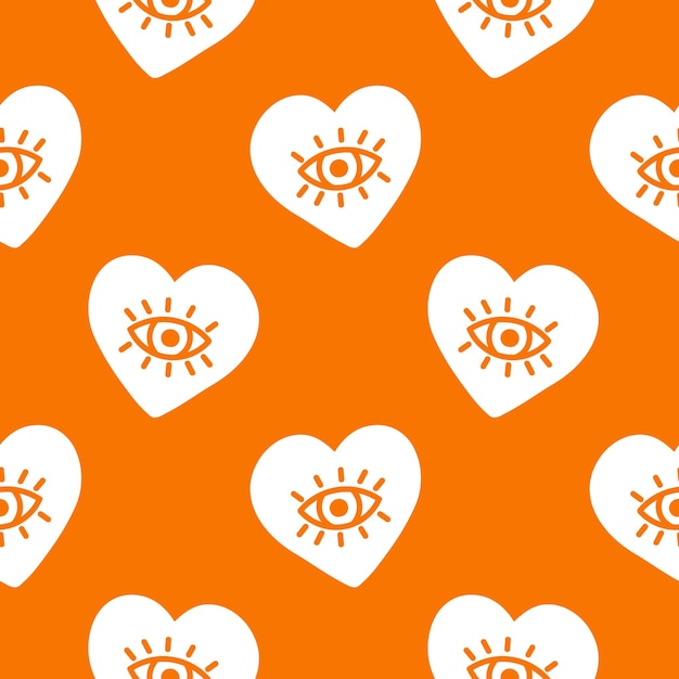 Orange seamless pattern with white hearts and eyes