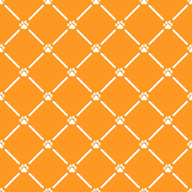 Orange seamless pattern with white paws and lines