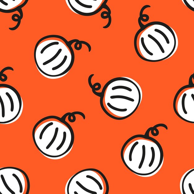 Orange seamless pattern with white pumpkin and black outline