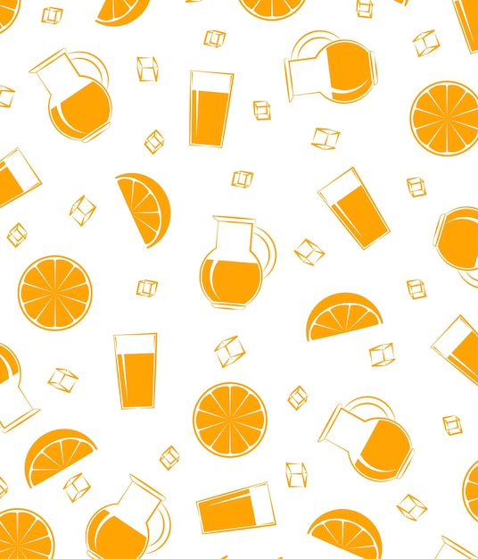 Orange slices and ice cubes on the background of jugs and glasses with juice Sample Background Monochrome bright image Vector illustration