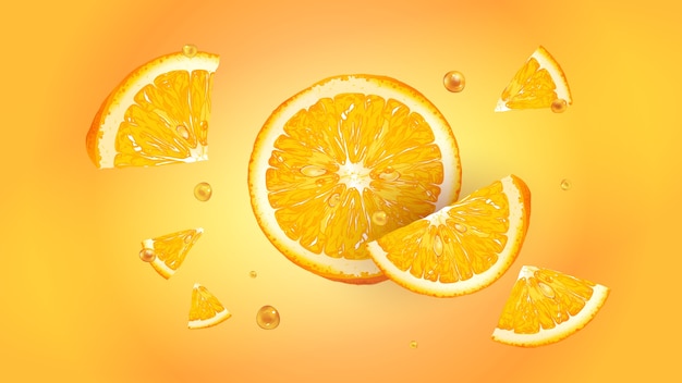 Orange slices with juice drops scatter in different directions. Realistic illustration.