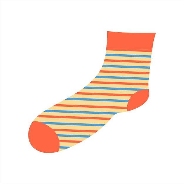 Orange sock with multicolored stripes on white background