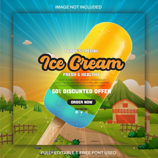 Vector orange stick ice cream with village backgrounded social media poster design