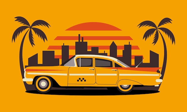 Orange taxi against the backdrop of the city skyline and palm trees