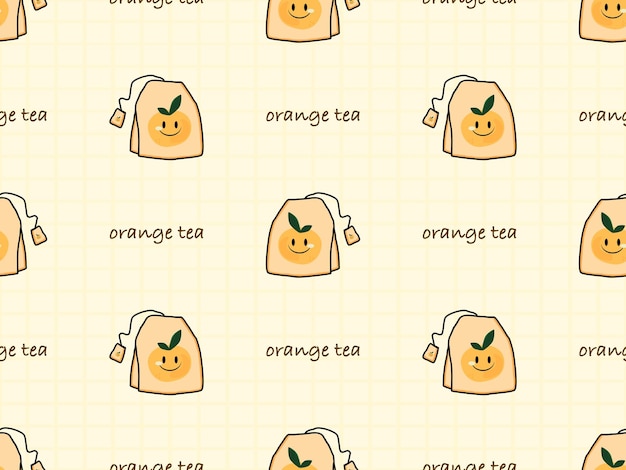 Orange tea cartoon character seamless pattern on yellow background