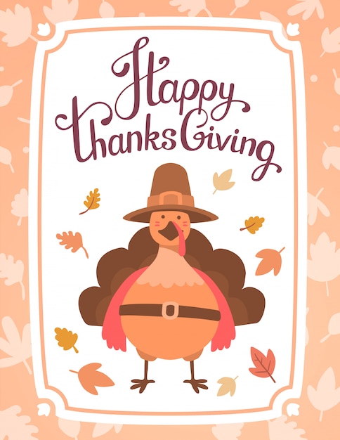 orange turkey bird in brown hat and text happy thanksgiving on white with leaves and frame. 