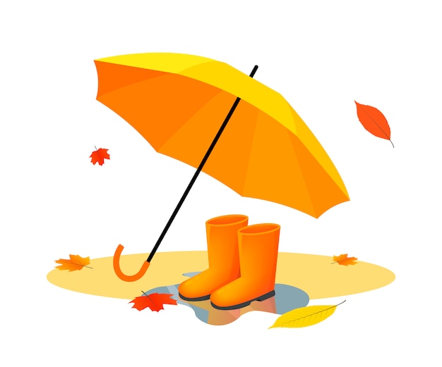 Vector orange umbrella and rubber boots on puddle after rain with autumn leaves