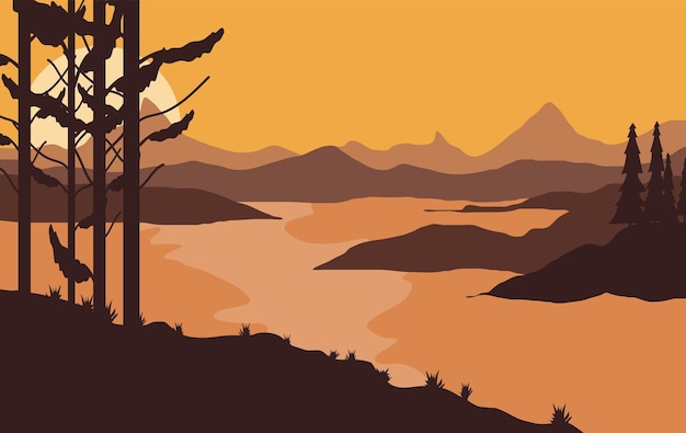 Вектор Оранжевый векторный пейзаж иллюстрация мирная природа путешествия походы на свежем воздухе и приключения