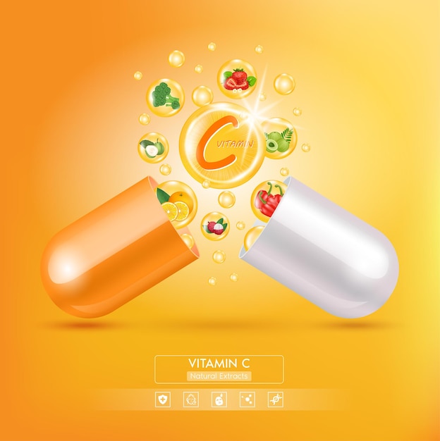 Capsula medicinale arancione vitamina c frutta e verdura che neutralizzano i radicali liberi