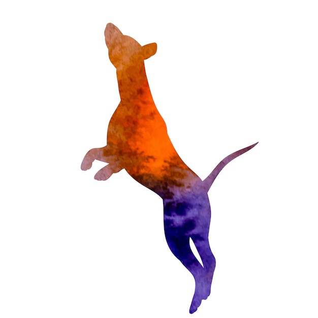 Vector orange watercolor silhouette of a dog jumping