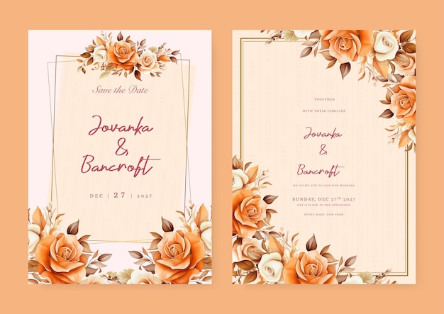 Orange white and beige rose set of wedding invitation template with shapes and flower floral border