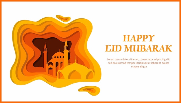 An orange and white card with a mosque and the words happy eid mubarak on it