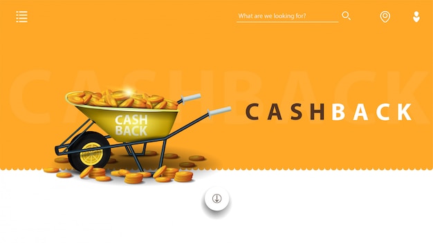 Orange and white cashback banner in minimalistic style with wheelbarrow full of gold coins for your website