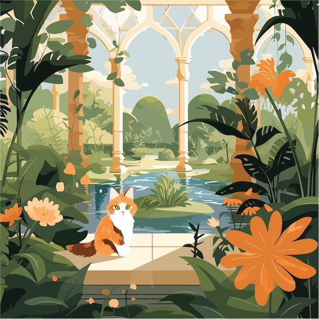 Vector orange and white cat spending the day in the botanical gardens