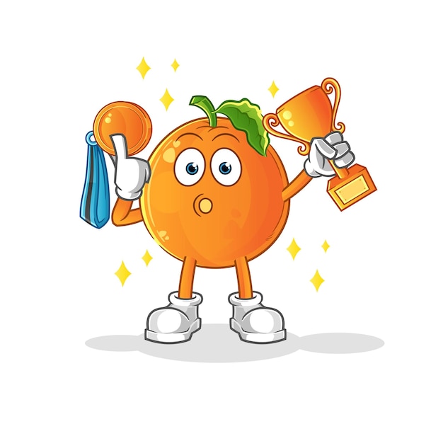 Orange winner with trophie. cartoon character
