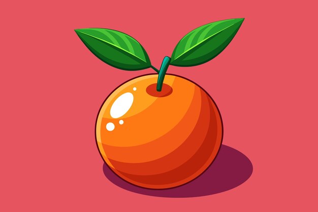 An orange with a green leaf and a red background