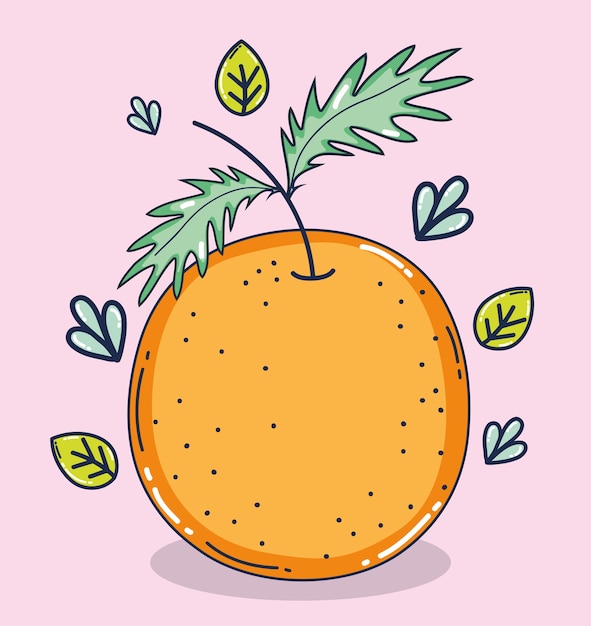 新鮮でおいしい果物漫画の葉とオレンジ
