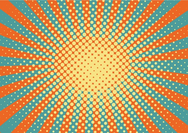 Orange, yellow and blue rays and dots pop art background.