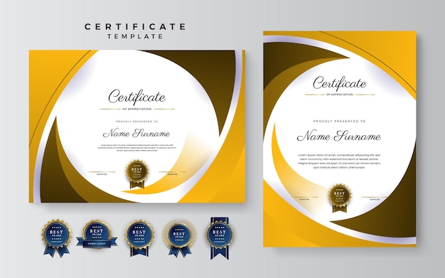 Оранжево-желтый и коричневый шаблон сертификата о достижениях с роскошным значком и современным рисунком линии Для награждения деловых и образовательных нужд