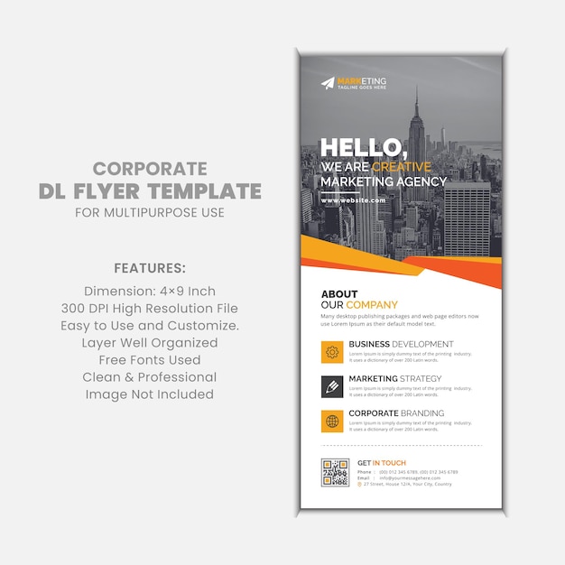 Orange Yellow Corporate Business DL Flyer Rack Card Template for Multipurpose Use with Elegant Look